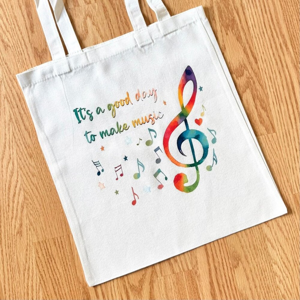 Rainbow Treble Clef Music Tote Bag Its a Good Day to Make Music Canvas
